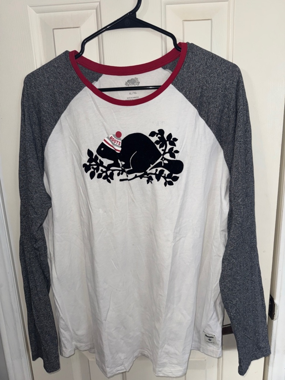 Roots White & Gray Raglan Tee with Red Neck Trim and Black Graphic